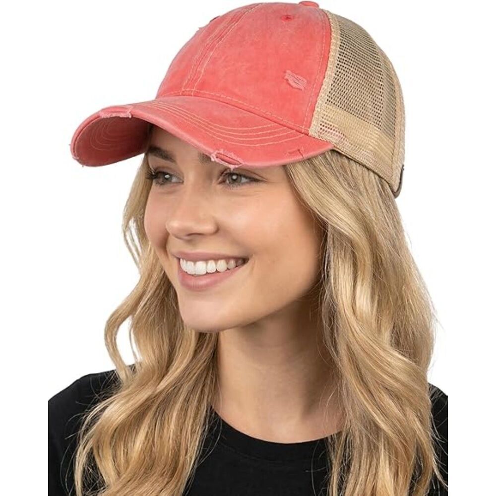 Women's Beige Mesh Washed Red Adjustable Classic Comfortable Baseball Caps